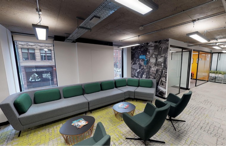 Search Manchester reception area showing Flotex flooring and Circe modular sofa from Sixteen3 